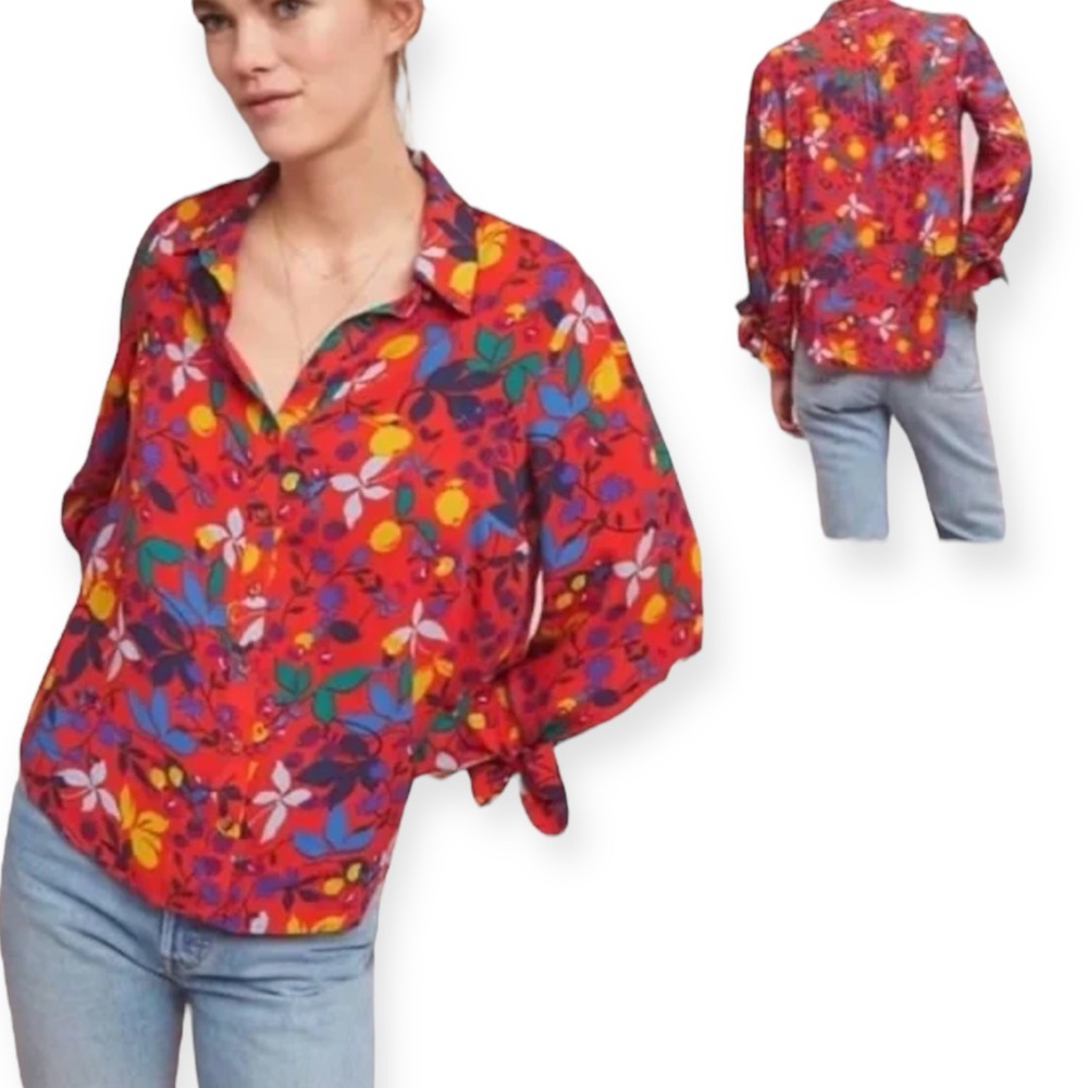 Maeve red floral blouse with tie cuffs size 4